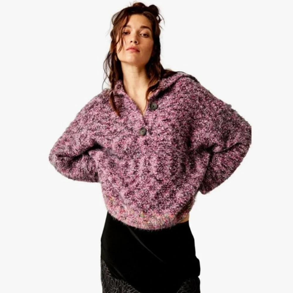 Free People Stellar Pullover Knit Sweater Shocking Pink Cozy Warm Size Small
